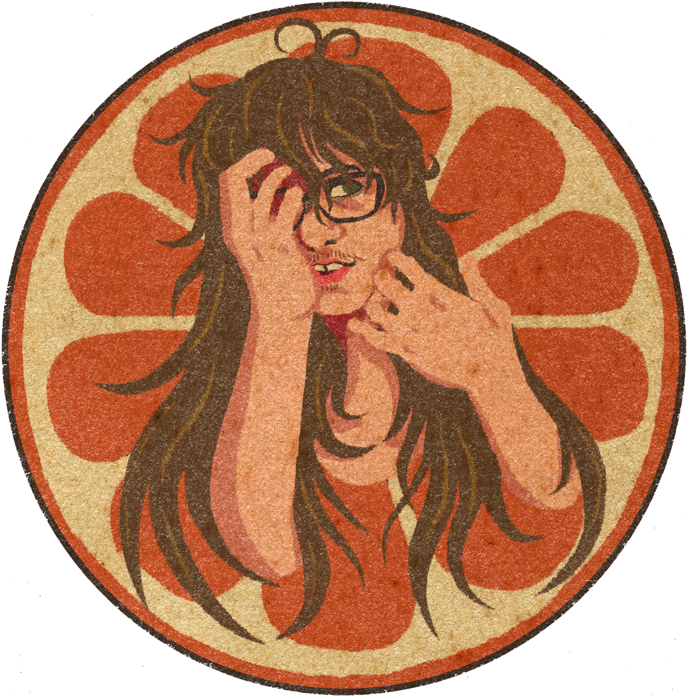 A self portrait of myself sitting cross legged on the ground and making a peace sign with my left hand.